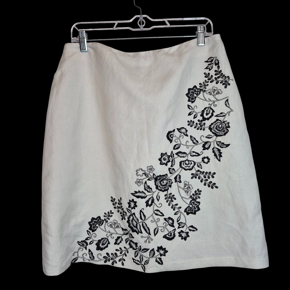 Larry Levine White Linen Blend Floral Embroidered A-Line Skirt Size 12